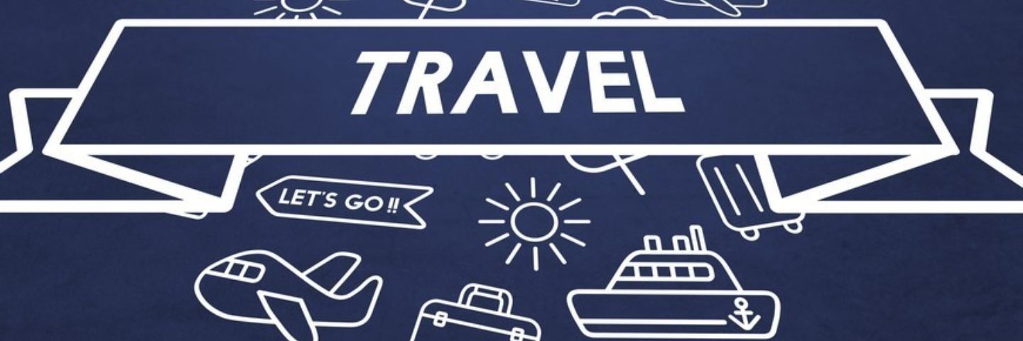 Text Travel und Zeichnungen Boot, Flugzeug, Sonne